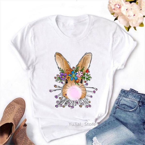 

kawaii bunny blowing bubbles womens t shirts vogue funny femme flowers summer fashion female harajuku, White
