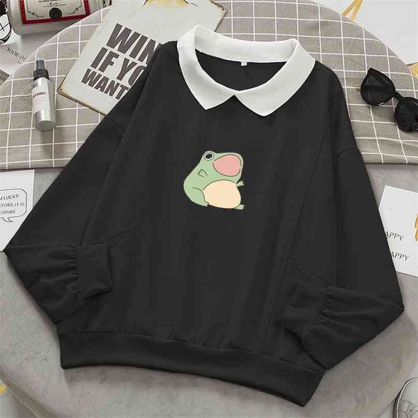 

frog swearshirt graphic aesthetic oversize clothes harajuku cotton pullover feminino hoodies with pocket kawaii hoodie for girls 210805, Black