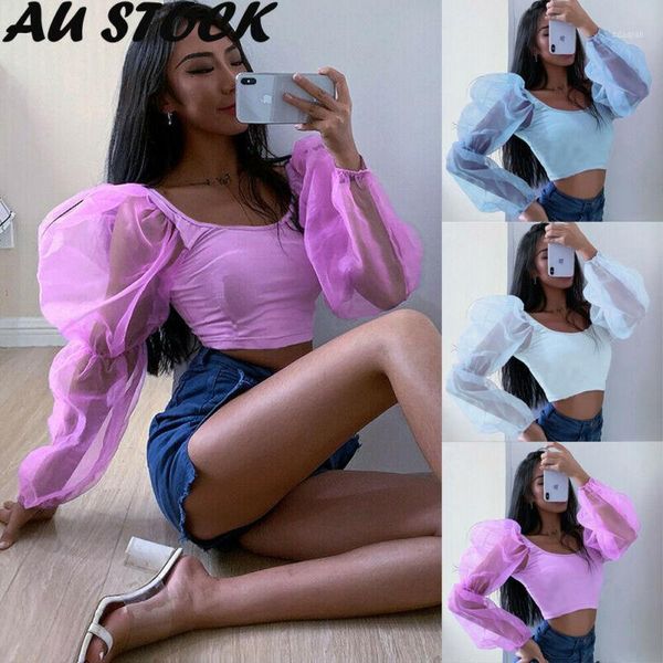 

summer women long puff sleeve solid fold square neck crop blouse fashion loose see-through clubwear lady shirt women's blouses & sh, White