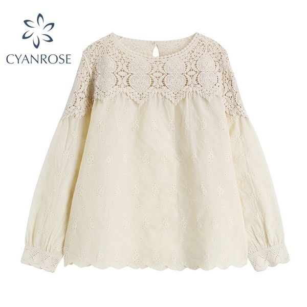 

pullover shirts blouses fashion vintage ol loose lace patchwork crewneck blusas spring long sleeve elegant work korean 210430, White