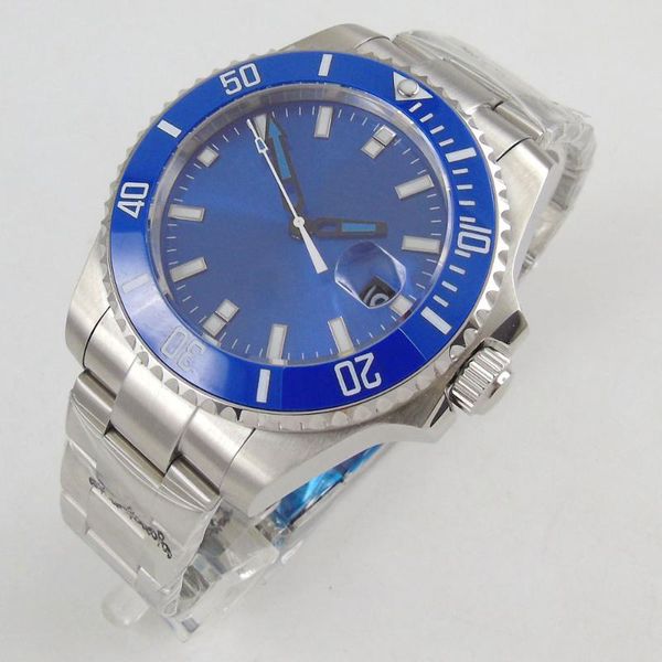 

wristwatches 43mm fashion men's watch blue dial sapphire glass auto date brushed case mental strap miyota 8215 automatic movement, Slivery;brown