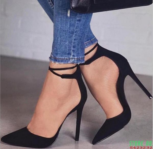 

women high heels pumps stiletto pointed toe party ankle strappy black ladies wedding shoes dress