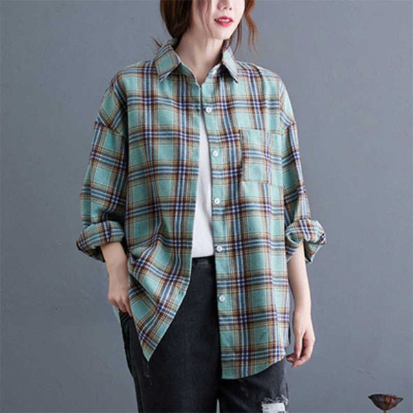

women's blouses & shirts spring autumn fashion women long sleeve loose korean blouse all-matched casual cotton plaid plus siz q42v, White
