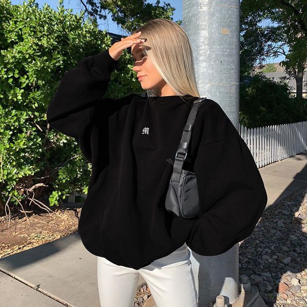 

shestyle oversize pullover casual hoodies women 2021 autumn print loose pink black cotton blend streetwear embroidery sweatshirtin, Black;white