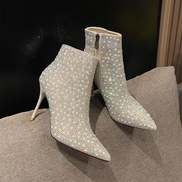 

boots diamond women's pointed sequin crystal plush in 2021 autumn and winter high heeled shoes thin wedding, Black