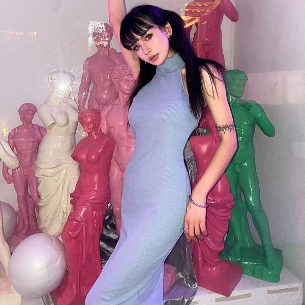 

casual dresses women halter backless dress fashion sleeveless solid color for ladies midi kintted womans club vestido, Black;gray