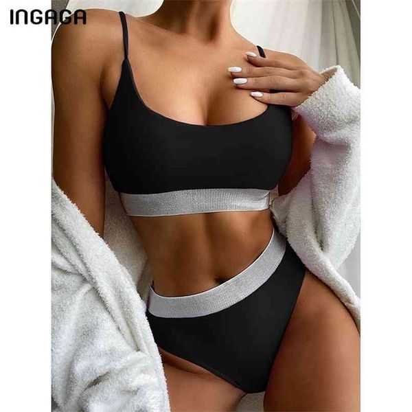 

ingaga high waist swimwear bikini women's swimsuits push up biquini shiny splicing bikinis cut bathing suits 210630, White;black