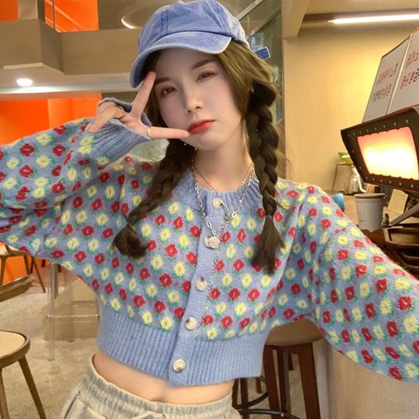 

women's jackets floral sweater coat 2021 autumn women korean designer sweet knitted cardigan female spring long sleeve chic kawaii shor, Black;brown
