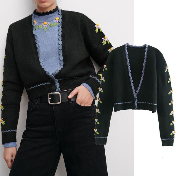 

autumn feminine flower embroidered knitted knitting jacket nightgown cardigan single-breasted sweater, Black;brown