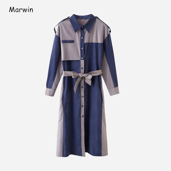 

casual dresses marwin -coming winter loose patchwork full sleeve high street style bow sashes square collar mid-calf length women, Black;gray