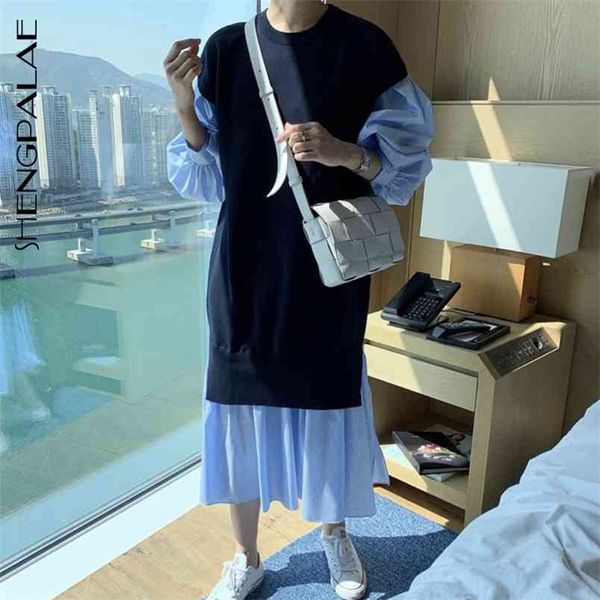 

summer women vintage loose high waist slim was thin elegant splice hit color lantern sleeve maxi dress za5725 210427, Black;gray