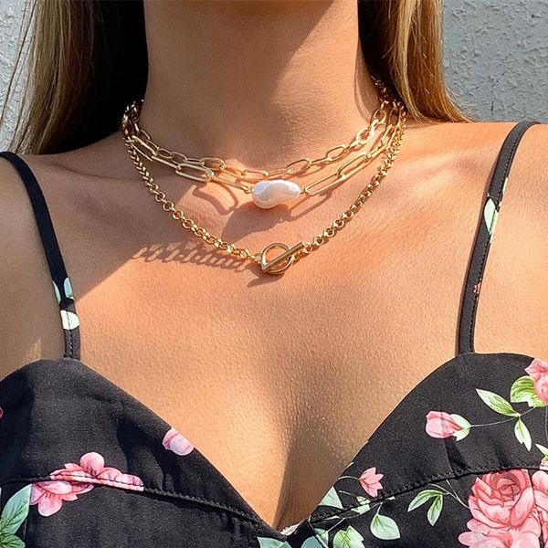 

chains gold color link chain toggle choker necklaces multi layered imitation pearl pendant women jewelry, Silver