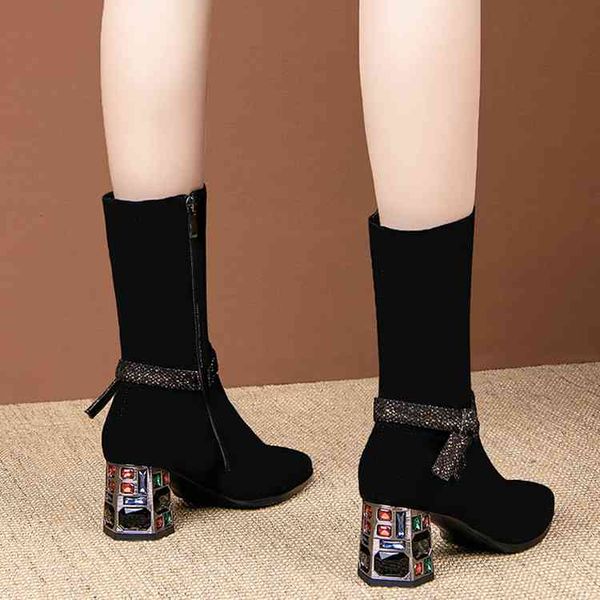 

dress shoes winter fashion female crystal boots colored high calf boot mid herd pointed toed shoes mujer 8821g e2k3, Black
