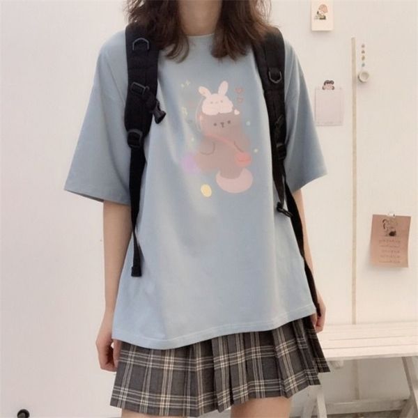 

qweek kawaii t-shirt for women fashion graphic t shirts short sleeve cute casual loose o-neck white print tshirt 210708