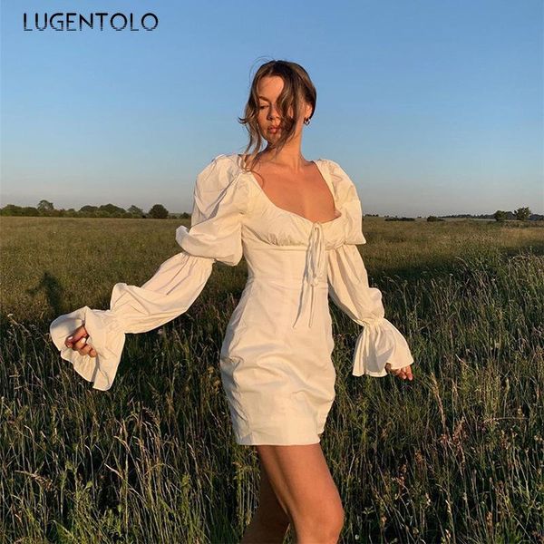 

casual dresses lugentolo autumn winter women bodycon dress slim long flare sleeve square collar fashion temperament lady mini, Black;gray
