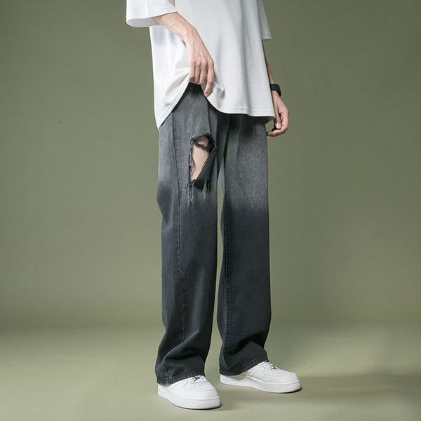 

men's jeans summer ripped gradient fashion retro wide-leg men streetwear loose hip-hop hole straight denim trousers mens j8l5, Blue