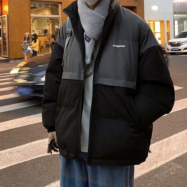 

men's jackets harajuku padded jacket contrast color thick coat 2021 winter korean fashion patchwork vintage warm couple trend, Black;brown