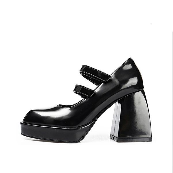 

dress shoes high mary janes retro square toe platform pumps velcro design chunky heels casual 0g87, Black