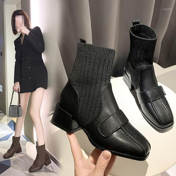 

boots brand women's shoes round toe booties ladies low heels boots-women fashion mid-calf rock mid calf rubber1, Black