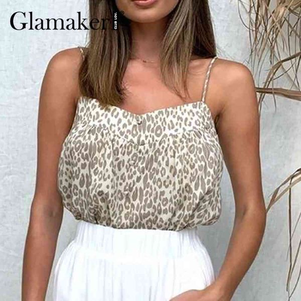 

glamaker leopard printed holiday beach cami women sleeveless loose drawstring summer v-neck female fashion crop 210414, White