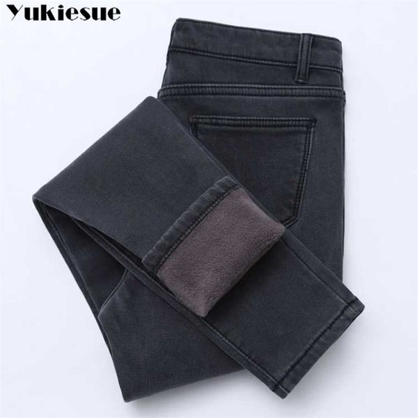 

winter jeans women gold fleeces inside thickening denim pants high waist warm trousers female jeans woman plus size 210825, Blue