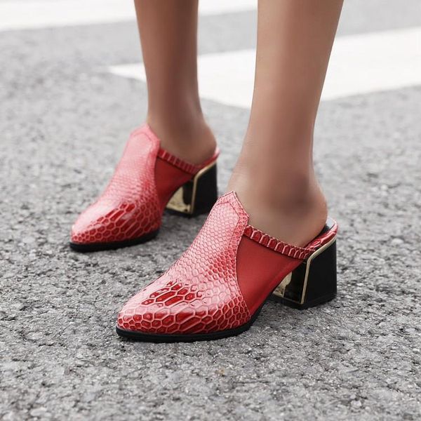 

pointed toe summer mules slippers shoes women crocodile pattern flip flops thick heel sandalia feminina 43, Black