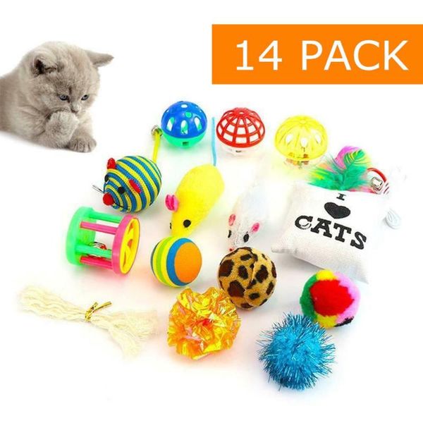 

cat toys 14 pack of toys, provides unlimited fun for your kitten, including feather,mice, teaser,catnip fish, balls bells