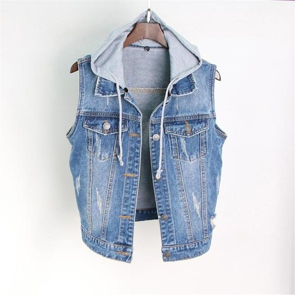 

women's vests woman removable hooded denim waistcoat lady vaquero chaleco gilet spring plus size female autumn oversize vest, Black;white