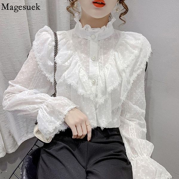 

women's blouses & shirts fashion ruffle stitching elegant lace blouse long sleeve loose chiffon korean style stand collar pleated blusa, White
