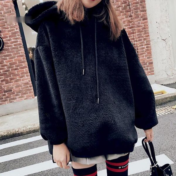 

women's fur & faux side zipper split sweatshirt winter jacket women warm velvet hooded hoodies cap hoody outwear loose coat pullovers, Black