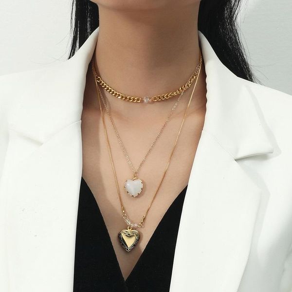 

pendant necklaces u-magical hyperbole white opals love heart necklace for women trendy gold metal chunky chain rhinestone jewelry, Silver