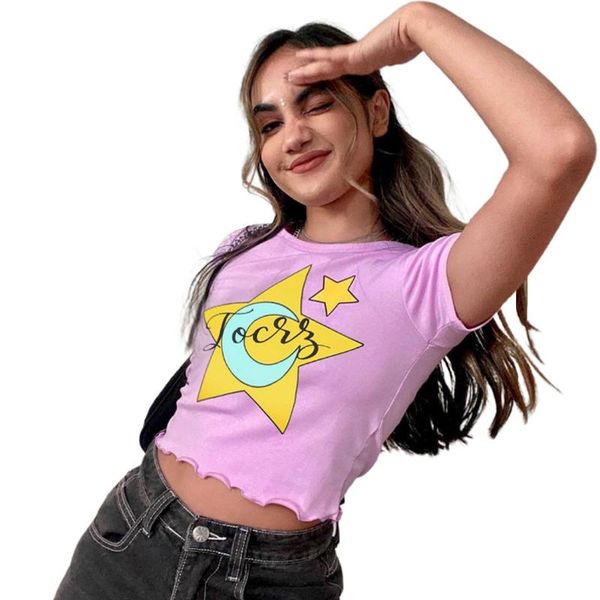 

women's t-shirt star pattern graphic tee women summer y2k short sleeve crop bodycon letter print slim club streetwear kawaii clothes, White