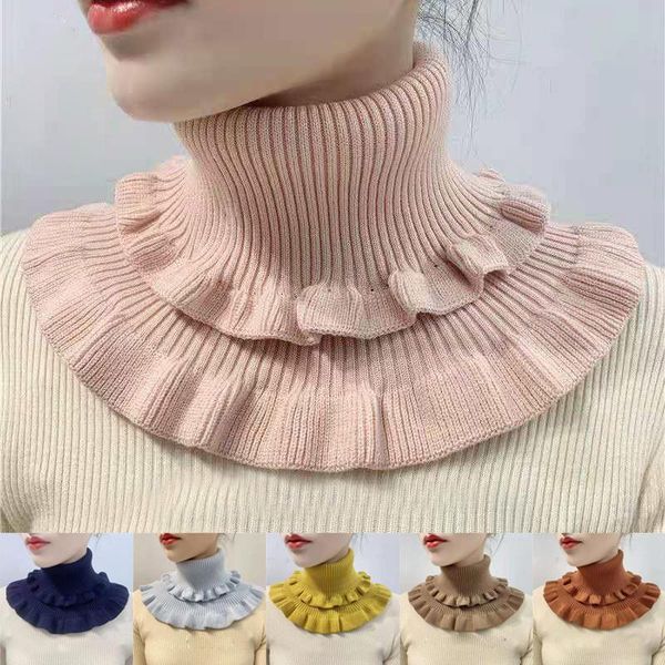 

scarves women fake collar scarf knitted elastic false solid color warm winter cycling windproof ruffles detachable wrap, Blue;gray