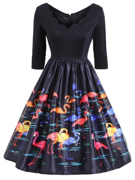 

casual dresses wipalo vintage flamingo print v neck fit and flare autumn women 3/4 sleeves elegant party midi dress vestidos femme1 gqap, Black;gray