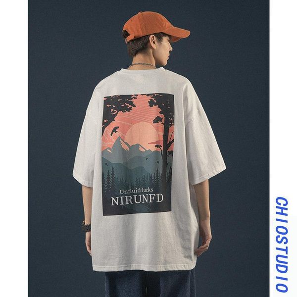 

men's t-shirts 2021 landscape pattern printing short-sleeved t-shirt male tide brand trend couple half-sleeved large size loose summer, White;black