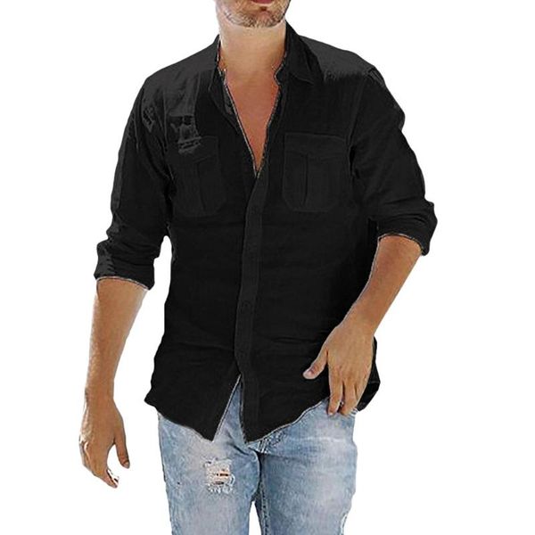

men's shirt casual baggy cotton linen pocket solid long sleeve retro shirts blouse camisa hombre corta men dress, White;black