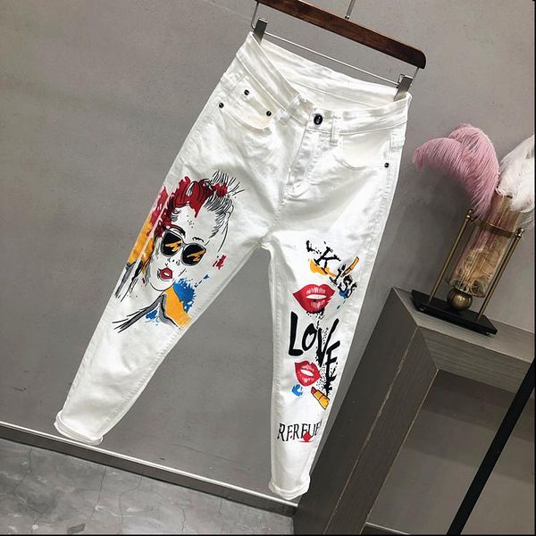 

women jean summer spring white denim jeans cartoon graffiti flowers print stretched hallen pencil pants slim capris y78, Blue
