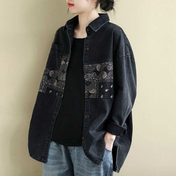 

women's blouses & shirts arrival spring arts style women cotton denim long sleeve loose patchwork print vintage blou 8m2k, White