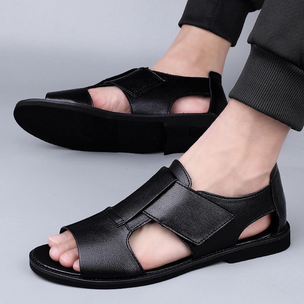 

slippers genuine leather sandals brand designer summer men sandals leisure beach casual shoes 's 7j8f, Black