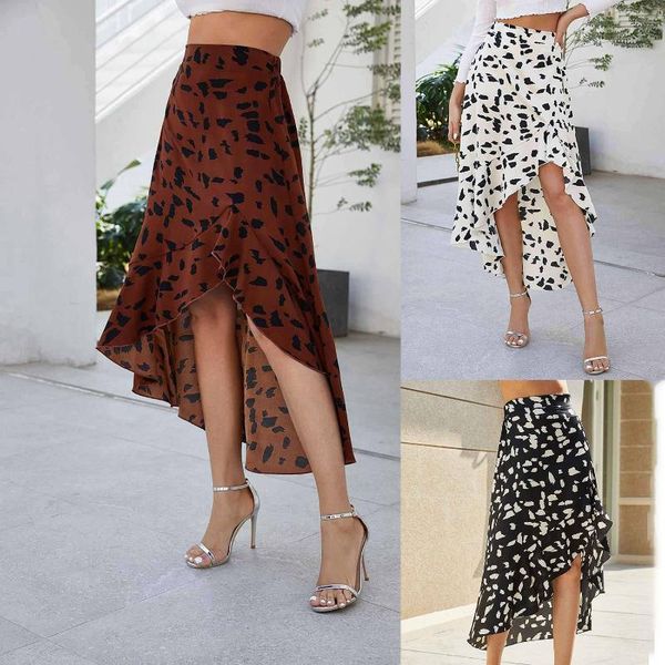 

casual high waist summer skirt style ladies lotus leaf skirts leopard print, Black