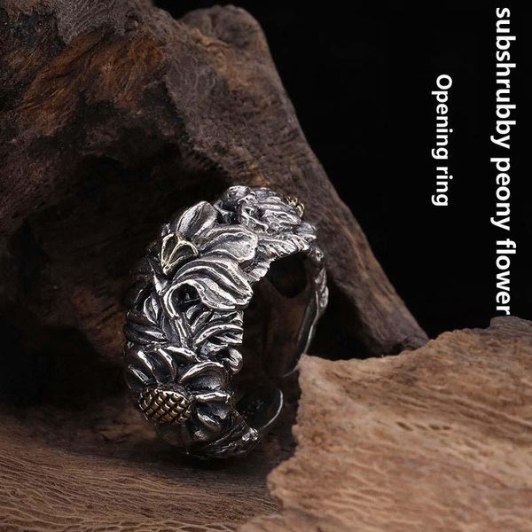 

cluster rings real 925 sterling silver make old style of individual carving peony flower opening ring exquisite party jewelry, Golden;silver