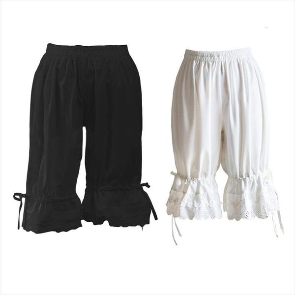 

renaissance vintage bloomers ruffles women capris lace hem bow lantern pumpkin solid color elastic bubble safety under, Black;white