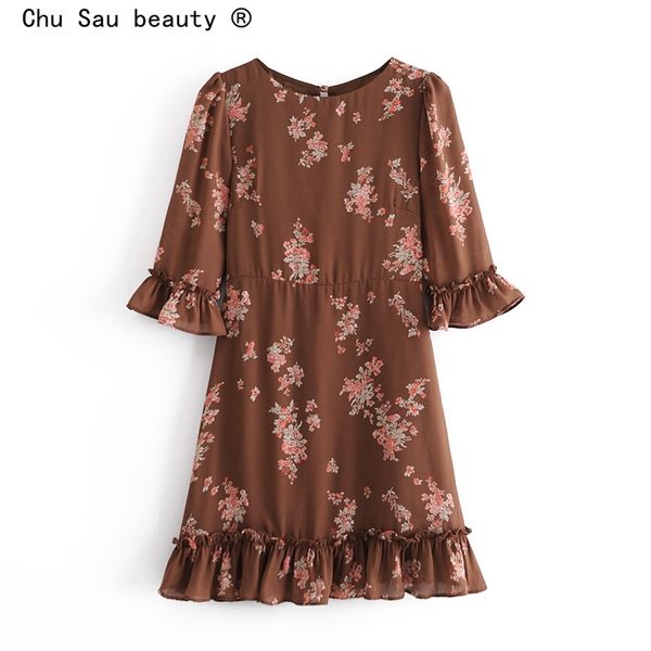 

fashion summer round neck slim ruffled puff sleeve chiffon skirt vintage print seven-point mini dresses for women 210508, Black;gray
