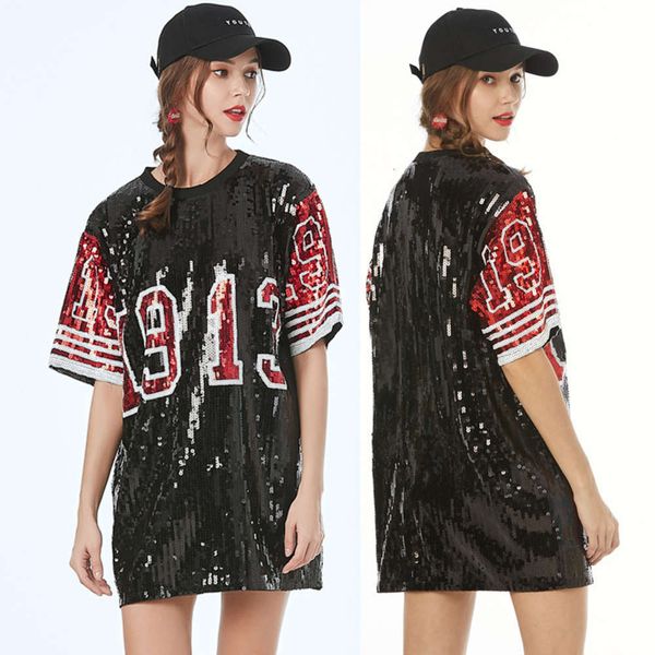 

casual dresses beaded loose crew fashion digital 1913 large sequin t-shirt, Black;gray