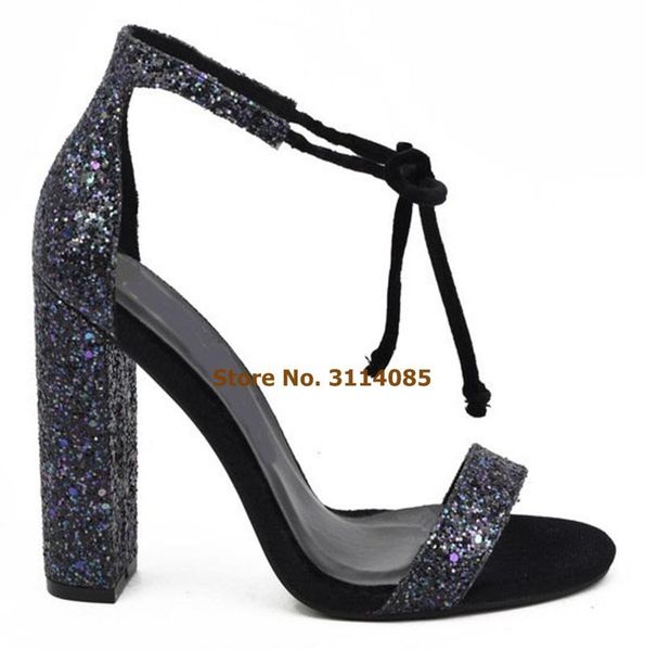 

women chunky heels single strap sandals lace-up sequined dress shoes wine red pink velvet banquet gladiator pumps, Black