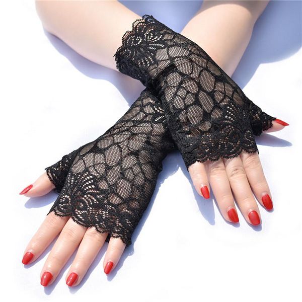 

five fingers gloves fingerless women dance lace ladies half finger fishnet heated mesh mitten handschoenen, Blue;gray