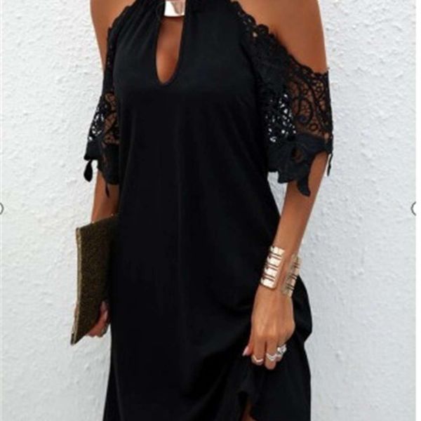 

women's hook flower hollow out metal neck off shoulder dress, Black;gray