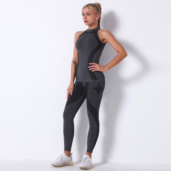 

yoga outfit women seamless set striped sports clothing vest leggings two-piece woman workout outdoor pants running suit