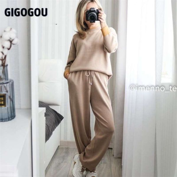 

gigogou knitted drape wide-leg pant suit winter warm two piece sets y2k women sweater tracksuits long straight trousers outfits 210925, White