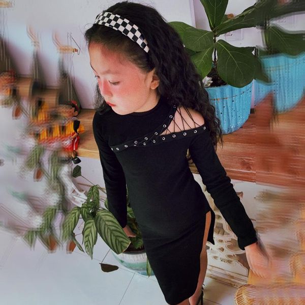 

girl's dresses spring autumn girls tee dress baby kids bodycon children streetwear irregular cross side slit skinny 1 to 13 yrs, Red;yellow